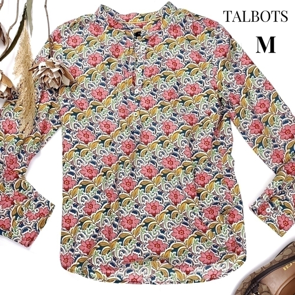 TALBOTS Cream Pink Tan Floral Print Casual Button Down Top Sz M - Picture 1 of 13